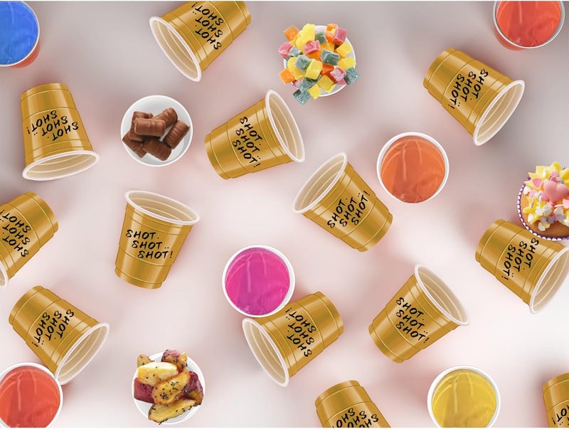cssopenss 120 pcs Gold Plastic Shot Glasses Mardi Gras shot glasses 2 oz gold shot cups disposable for drinking Tastings served Snacks Jello Tastings and Samples - Image 5